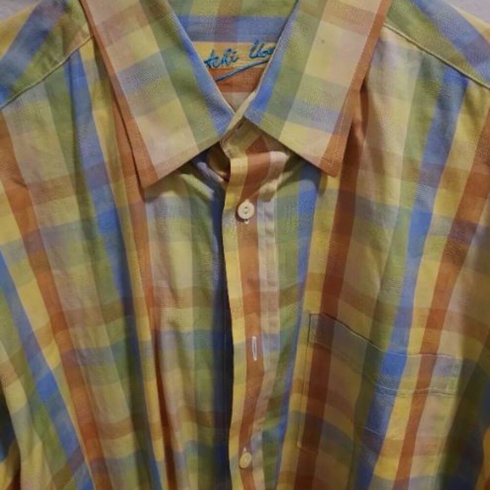 BUGATCHI UOMO Mens L/S Shirt SZ Large Classic Fit Yellow Green Blue Plaid SPRING - Picture 3 of 3